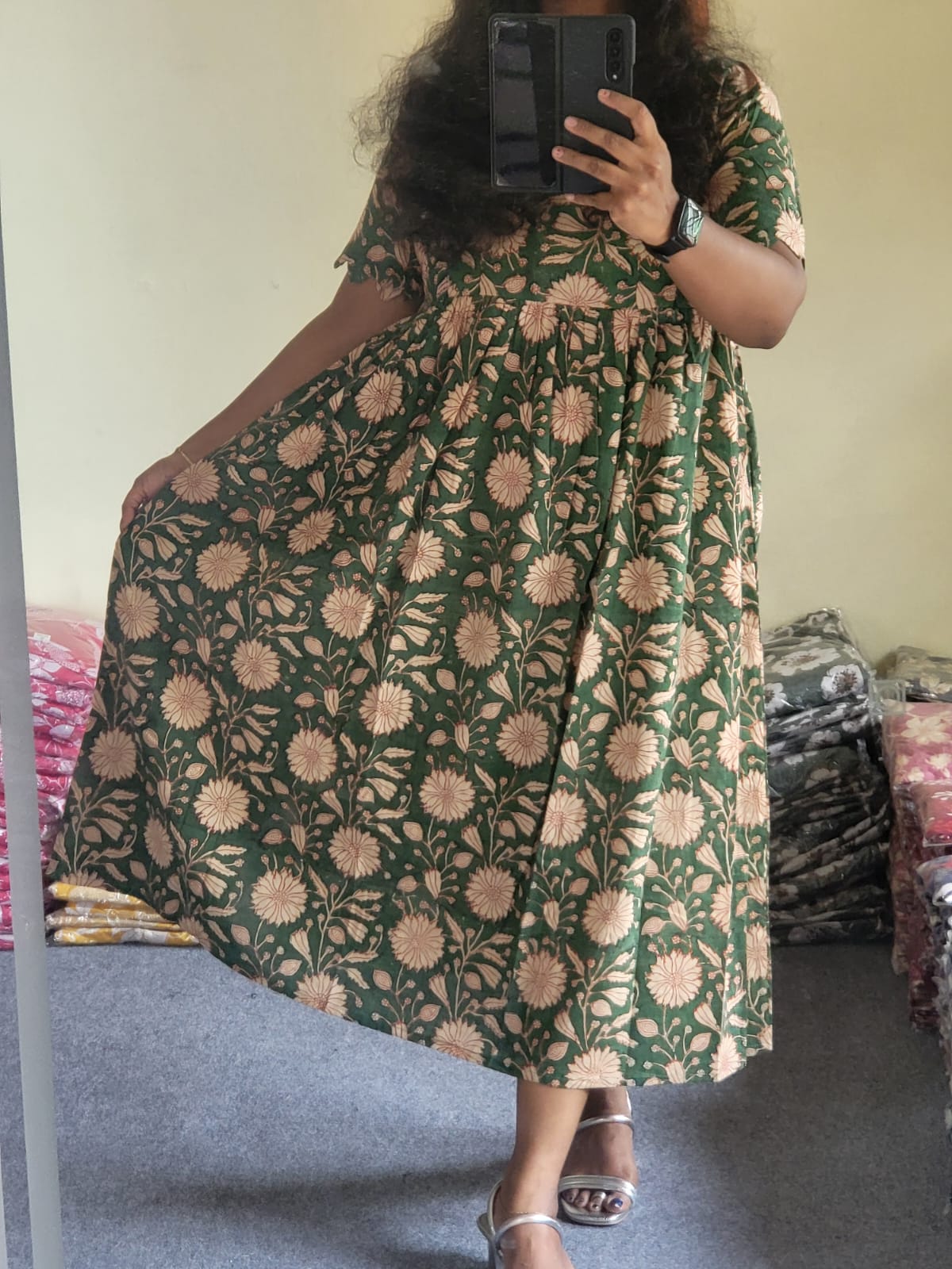 Original handblock Kalamkaari green Floral feeding kurtis