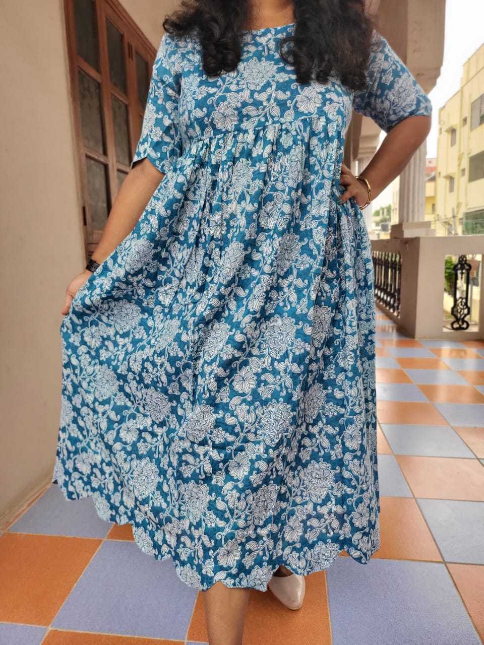 Cutwork Kalamkaari feeding Blue and White Kurti