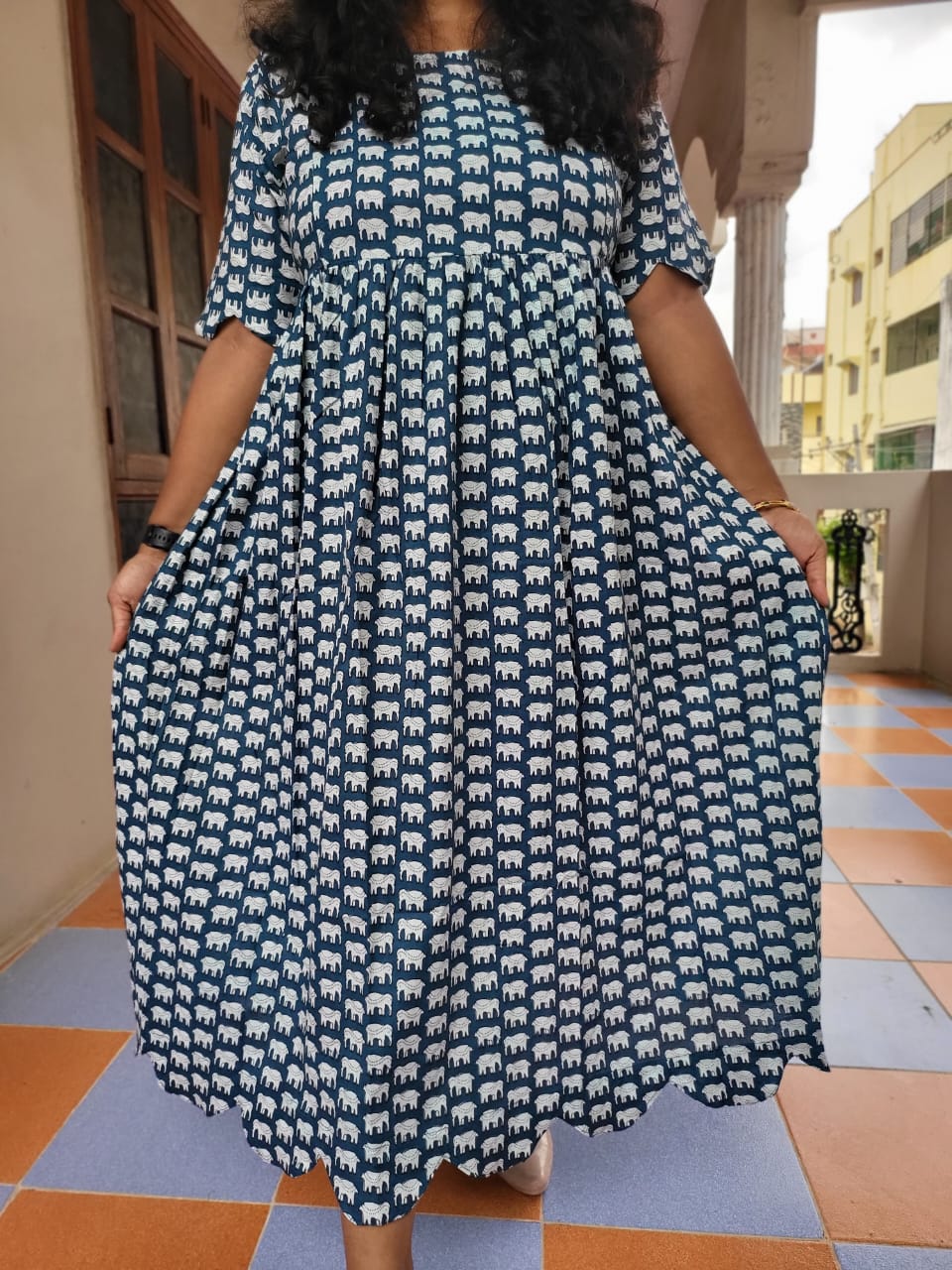 Cutwork blue elephant print feeding anarkali Kurtis