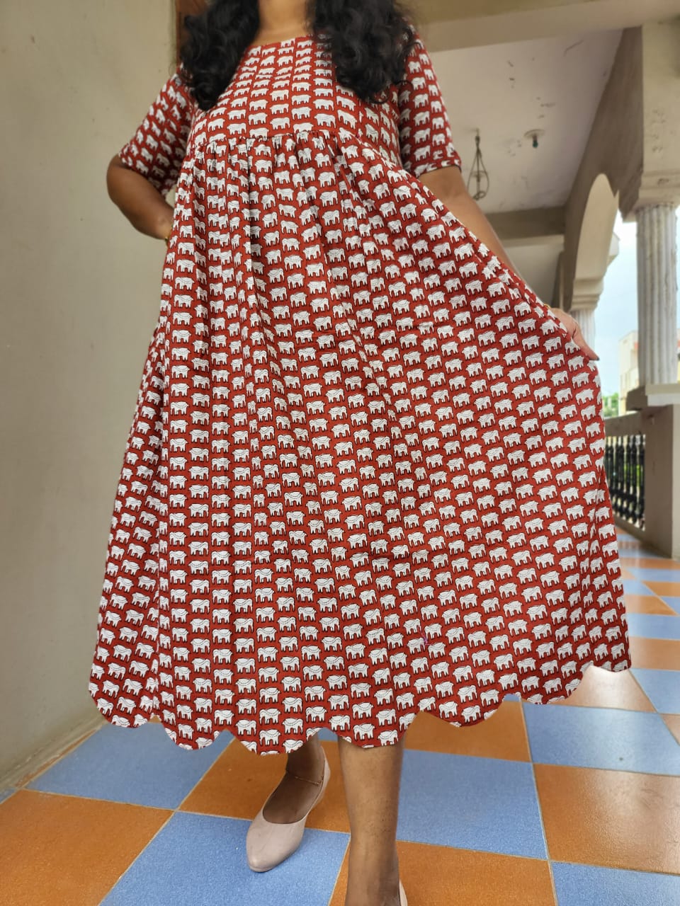 Cutwork red elephant print feeding anarkali Kurtis