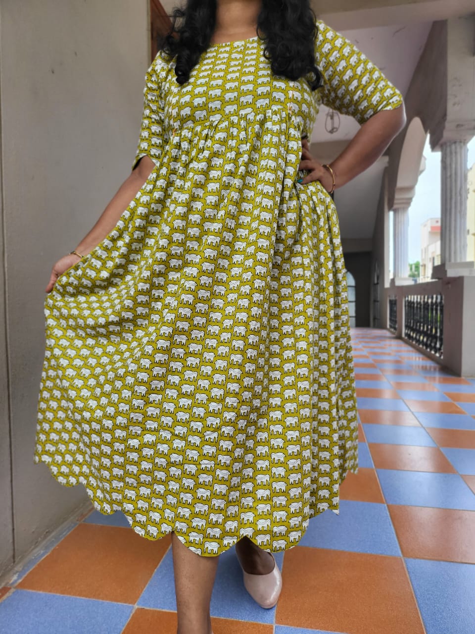 Cutwork yellow elephant print feeding anarkali Kurtis