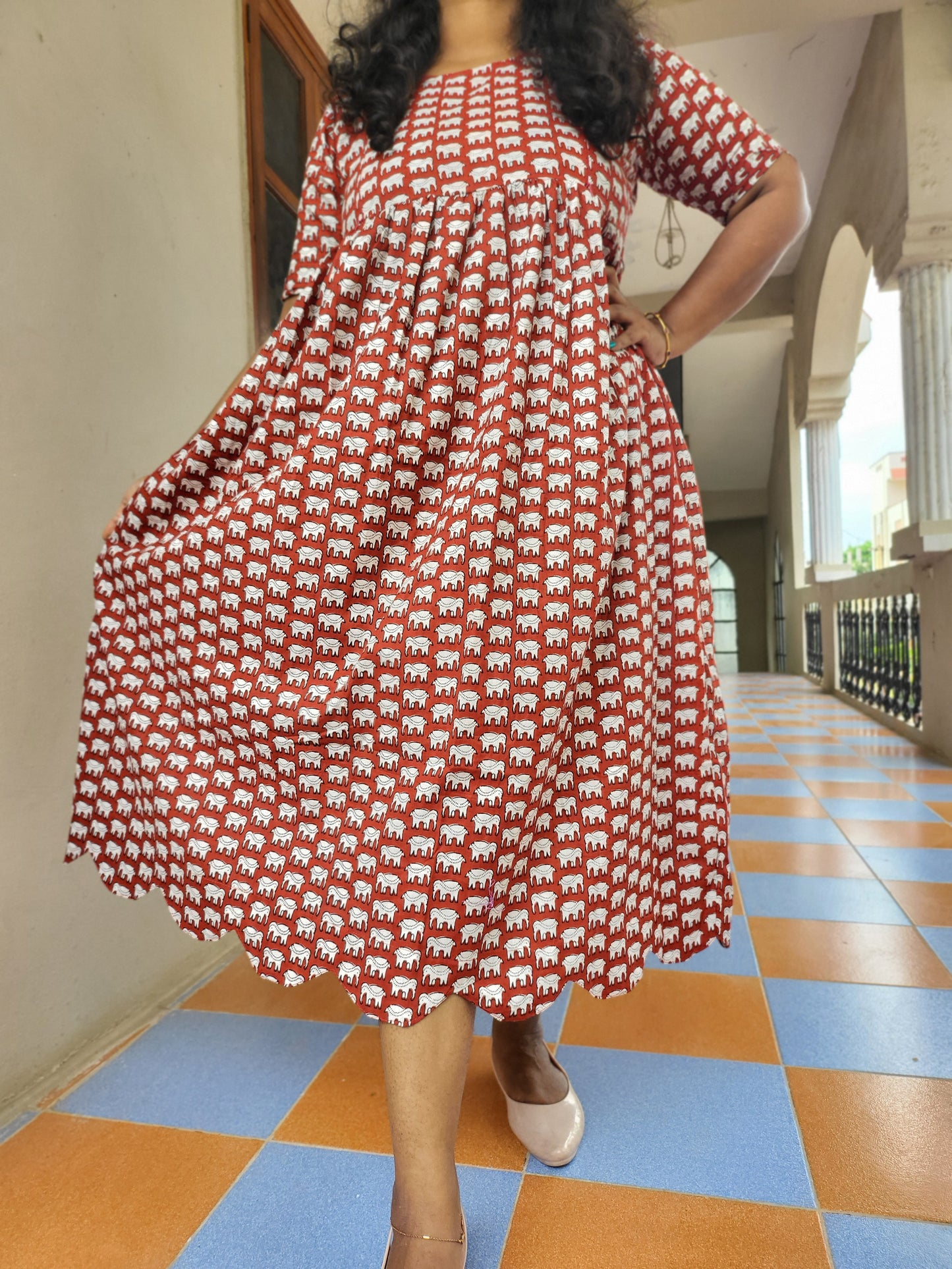 Cutwork red elephant print feeding kurtis