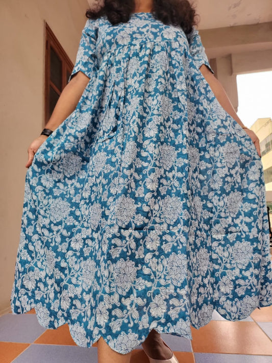 Cutwork Kalamkaari feeding Blue and White Kurti