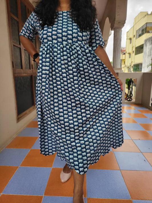 Cutwork blue elephant print feeding anarkali Kurtis