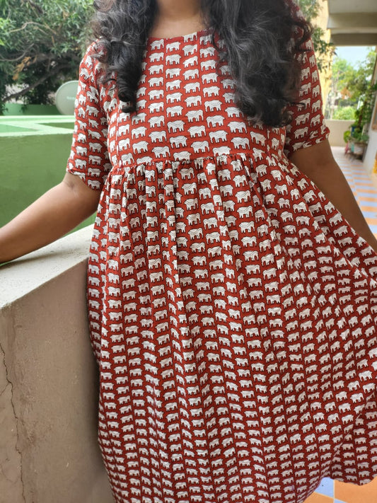 Cutwork red elephant print feeding anarkali Kurtis