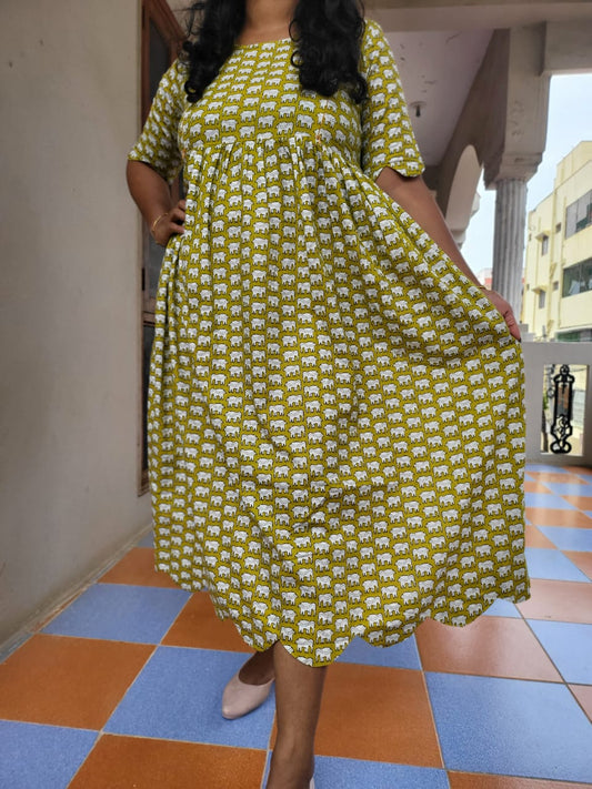 Cutwork yellow elephant print feeding anarkali Kurtis