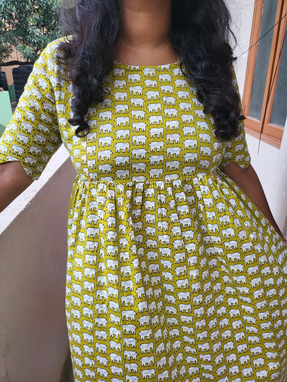 Cutwork yellow elephant print feeding anarkali Kurtis