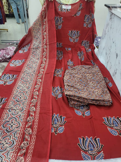 3pc set Anarkali red lotus