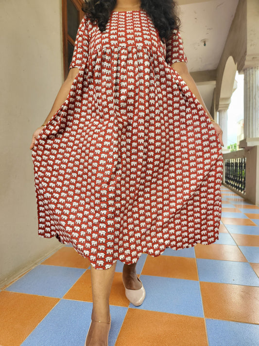 Cutwork red elephant print feeding kurtis