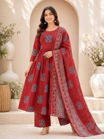 3pc set Anarkali red lotus